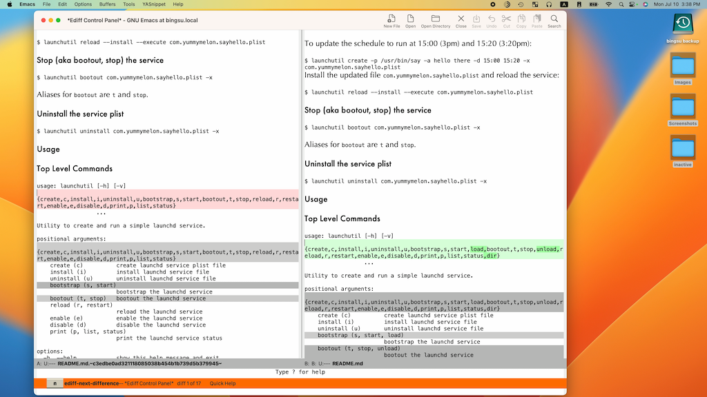 Screenshot of modified Emacs Ediff tuned to support a modified repo file.