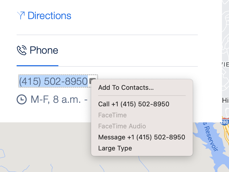 screenshot of selected phone number in Safari with phone call context menu
