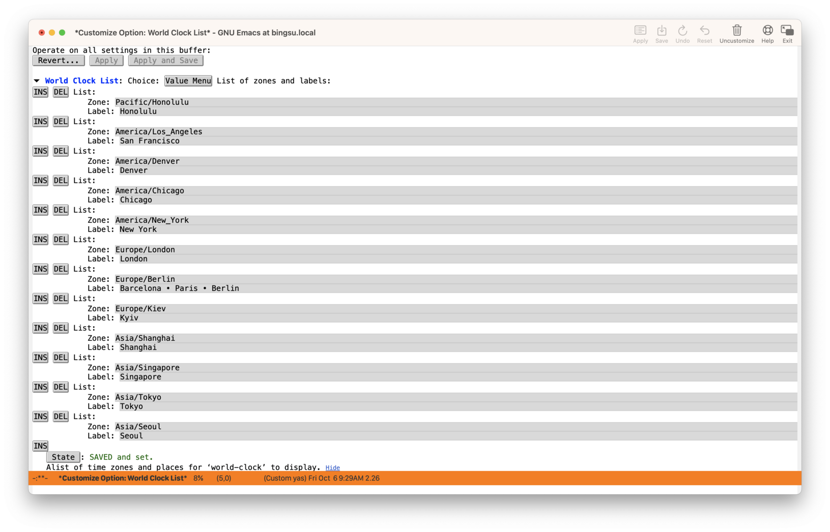 screenshot showing customizing world-clock-list in Emacs.