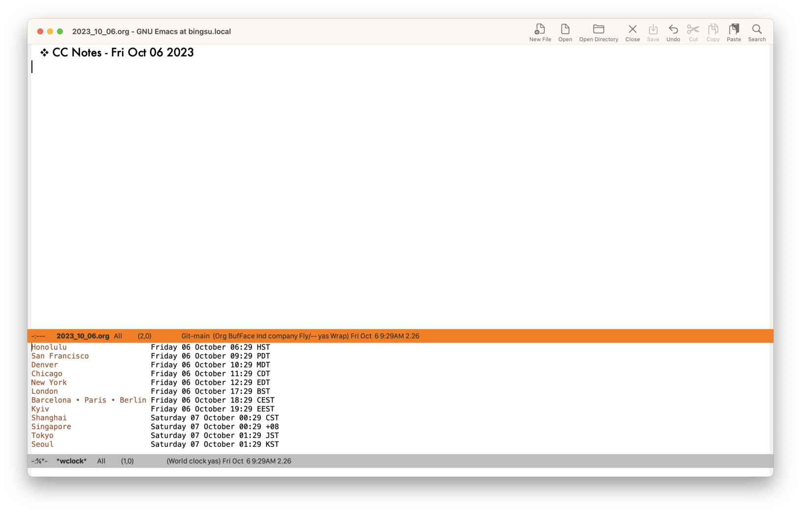 screenshot showing Emacs world-clock.